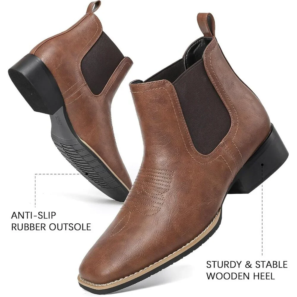 Men's Brown Square Toe Chelsea Boots Western Ankle Boot Slip On Casual Boot